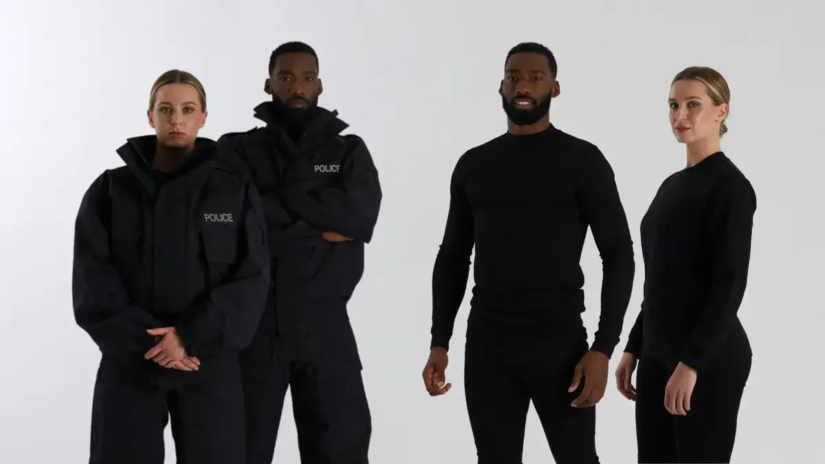 Four individuals stood smiling wearing the Yaffy PSU suit and FR Base Layers