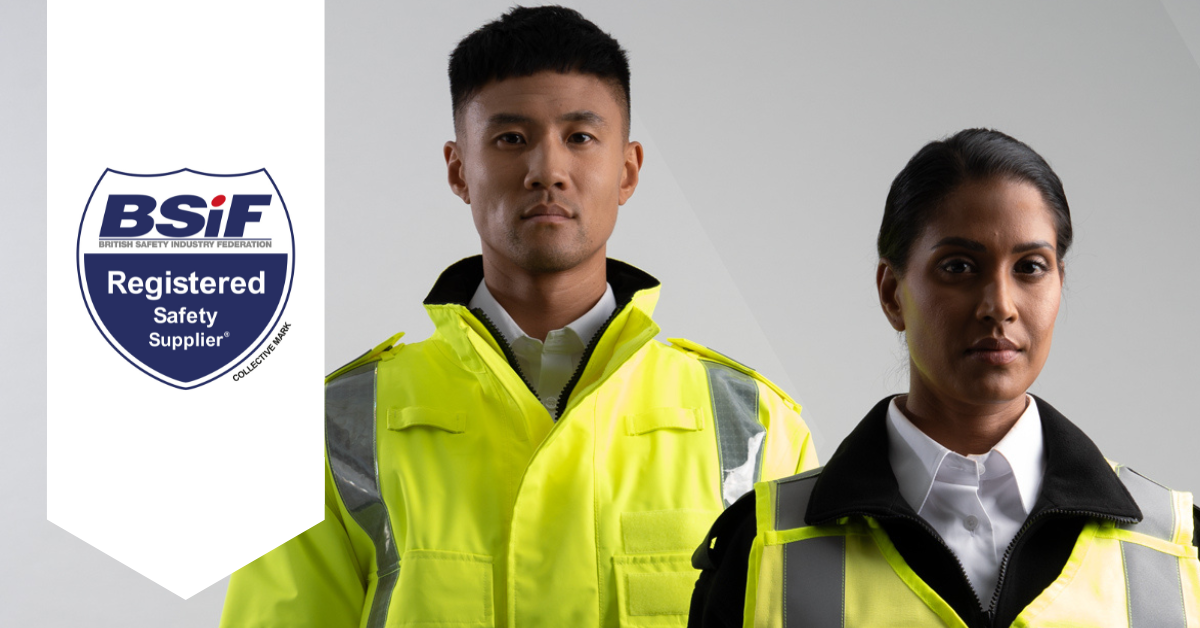 Two Police officers wearing hi-visibility jackets looking towards the camera, with the BSIF RSS Shield logo overlayed.