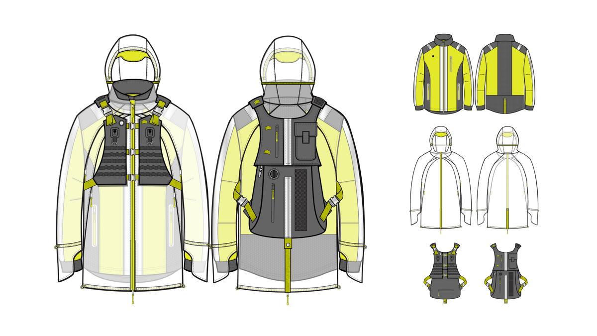A line drawing of a 3-layer hi-vis waterproof jacket with Molle vest top layer