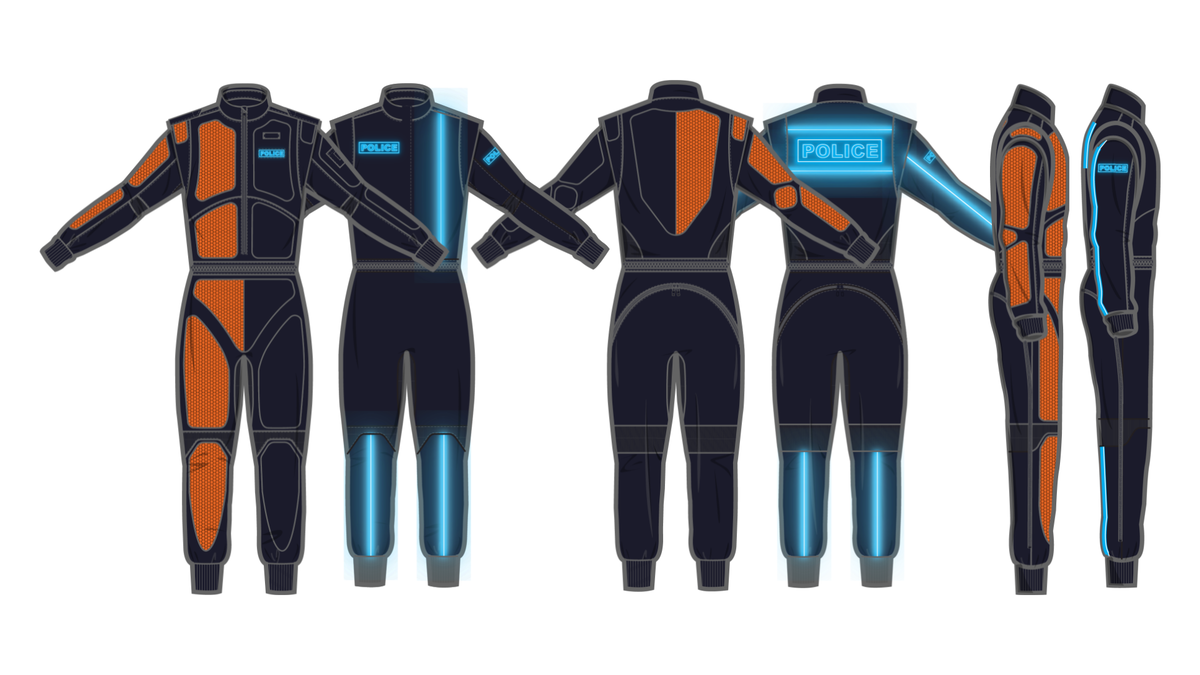 Line drawings of the front, back and sides of Yaffy's concept PSU suit